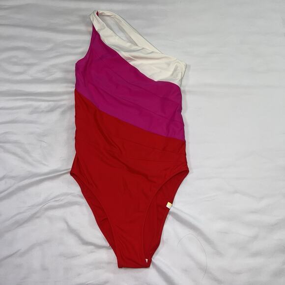 Summersalt Swimsuit Size 2LT Tall Pink Red White Sidestroke One Shoulder Piece - Picture 2 of 15